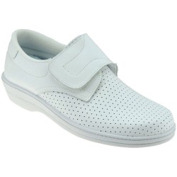 Zueco blanco cerrado unisex con cierre de velcro. Para enfermera y hostelera en piel.